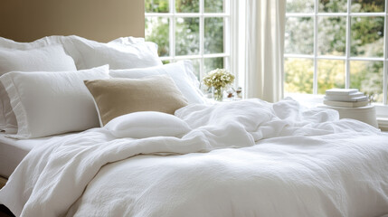 Luxurious White Linen Bedding in a Bright and Airy Bedroom