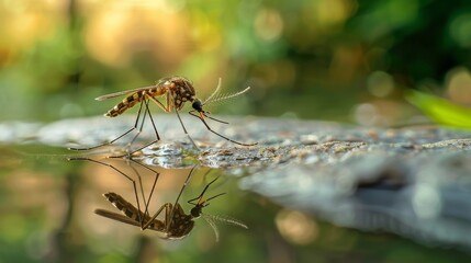 A vivid close-up of an Aedes mosquito on a wet rock by a pond, with reflections of the sky and trees in the water.