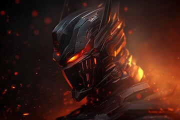 Futuristic robotic armor with glowing eyes in fiery setting
