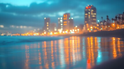 Naklejka premium Blurred Oceanfront Urban Landscape with Fireworks and Coastal Skyline at Dusk