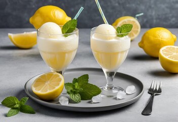 Fototapeta premium Two glasses of lemon sorbet with lemon slices, mint, and ice cubes on a gray background