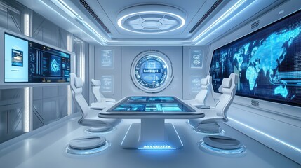 A high-tech executive room with a smart table, floating chairs, and interactive digital displays integrated into the walls