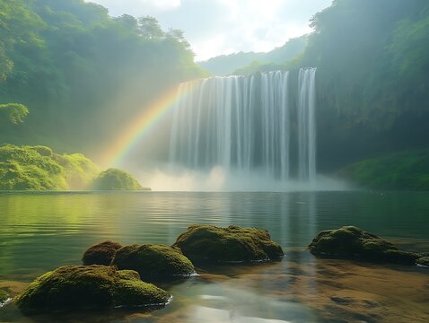 Serene waterfall with rainbow and mossy rocks. - Powered by Adobe