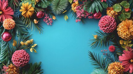 Fototapeta premium Vibrant traditional celebrations with tropical flowers and leaves on blue background showcasing cultural richness and festive spirit in a vibrant composition of colors and textures