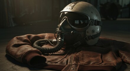 Vintage Flight Helmet Rests on Worn Leather Jacket