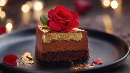 A decadent Valentine's chocolate mousse cake garnished with gold leaf and a single red rose, [luxurious indulgence], [romantic simplicity] 