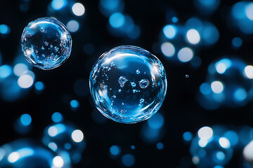 Glowing transparent water spheres floating on dark background.