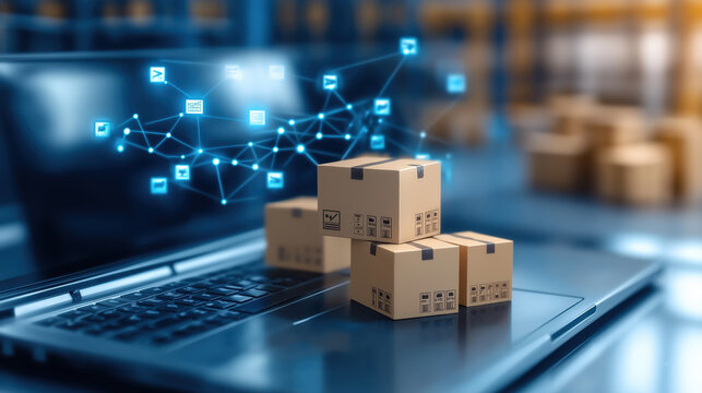 A digital interface showcases stacked boxes, symbolizing logistics and online commerce, with a network graphic indicating connectivity and technology.