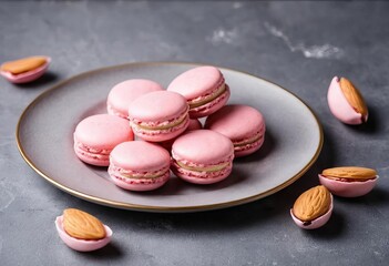 A plate of pink macarons on a gray stone background