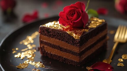 A decadent Valentine's chocolate mousse cake garnished with gold leaf and a single red rose, [luxurious indulgence], [romantic simplicity] 