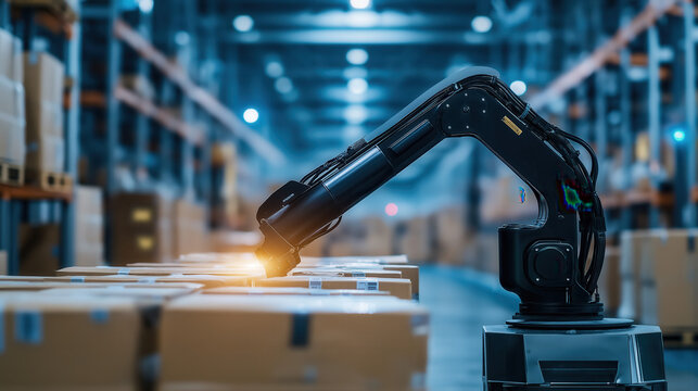 A robotic arm efficiently handles boxes in a modern warehouse, showcasing automation and advanced technology in logistics.