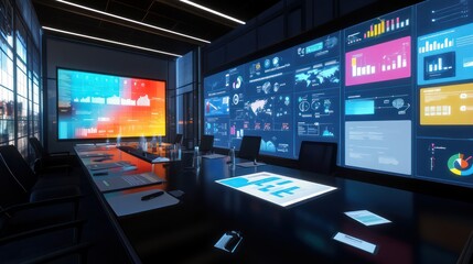 A high-tech meeting space with diverse business graphics, digital brainstorming boards, and task planning tools.