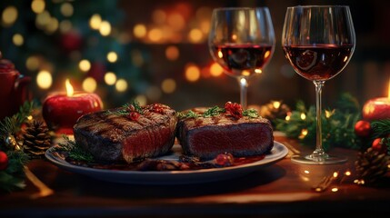 Festive dinner for two with various steaks and glasses of red wine, steak, dinner, festive, celebration, romantic, two