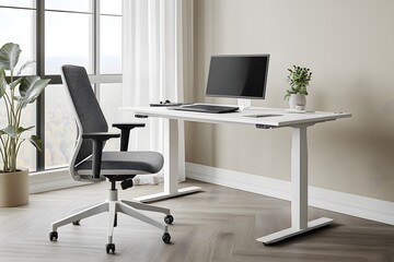 Modern remote work setup featuring a minimalist desk, ergonomic chair, and sleek computer in a bright and organized workspace, Creative remote work setup in a cozy home office environment