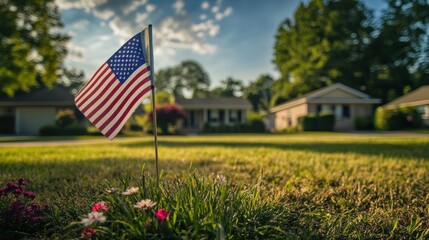 Celebrating freedom with a small American flag in a peaceful suburban neighborhood during golden hour