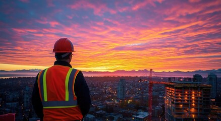 Construction worker enjoys breathtaking sunset view over city skyline and mountains