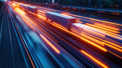 A vibrant, blurred view of freight containers moving rapidly, showcasing dynamic light trails and an urban nighttime environment.