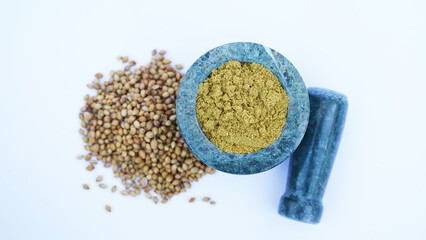 Indian spices, coriander powder or dhaniya powder with coriander seeds