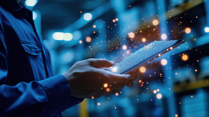 A person holds a tablet, surrounded by glowing particles, in a warehouse setting, suggesting technology and innovation in a modern environment.