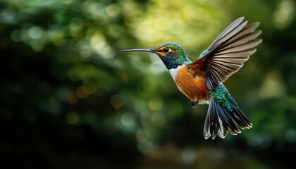 Fototapeta premium A lively depiction of a hummingbird with an intricate forest setting.