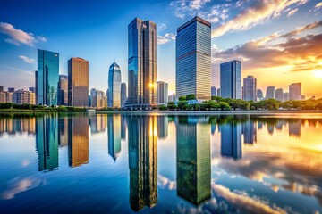 Obraz premium Modern City Architecture Reflection in Water - Urban Skyline Stock Photo