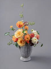 Rustic Autumn Bouquet with Roses and Dahlias in a Decorative Vase