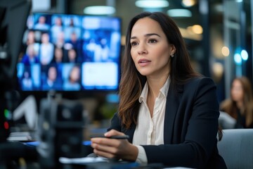 Fototapeta premium A confident woman is poised and speaking directly into the camera in a vibrant media environment, showcasing her professional presence and authority in journalism.