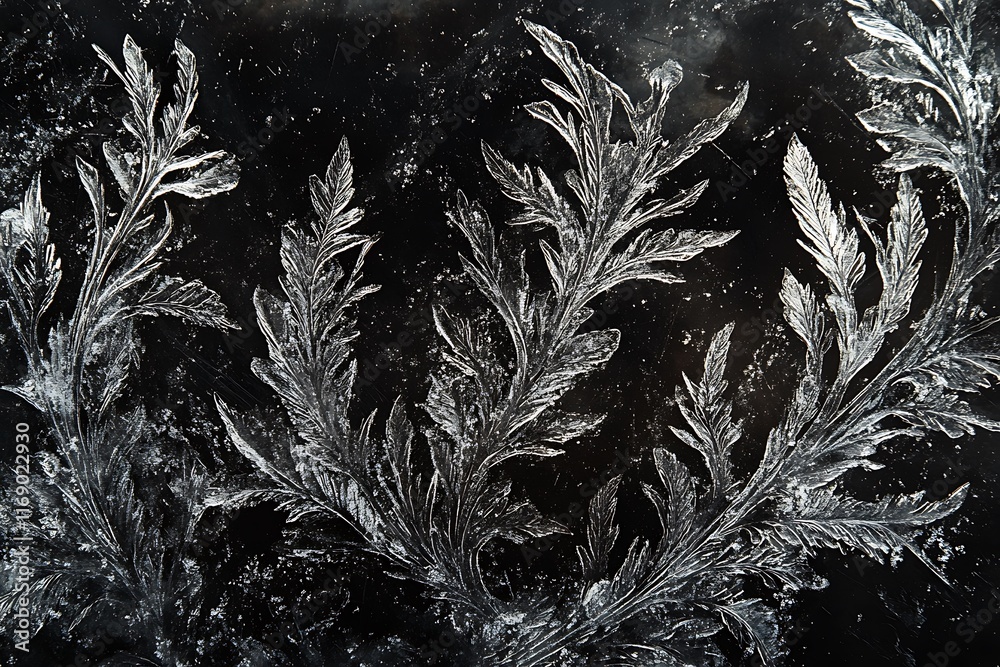 Poster Intricate frost patterns on a dark surface.