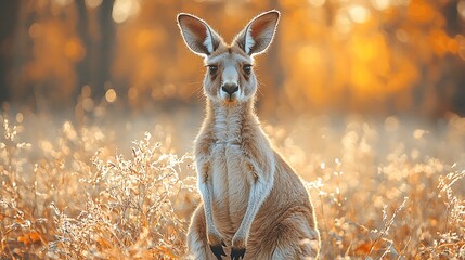 Red kangaroo sitting in golden, sunlit grass.