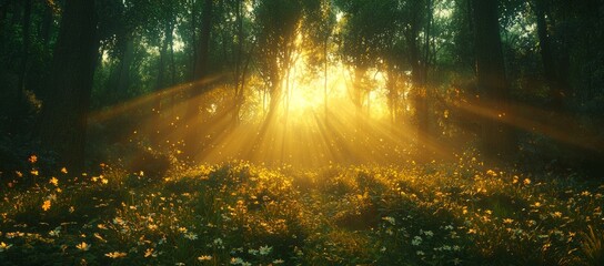 Sunbeams illuminating a forest floor covered in wildflowers.