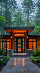 Naklejka premium Modern house entrance with wooden facade, glass door, and stone pathway, illuminated at dusk.