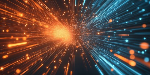 Abstract Blue and Orange Stripe Light, Futuristic Motion Blur Technology Concept with Fast Forward Timeline Background