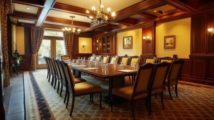 Spacious modern conference room with long table surrounded by chairs, perfect for business meetings and corporate events, featuring minimalistic design on a concrete background