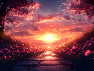 Obraz premium Serene sunset view along a stone path lined with pink flowers and blossoming trees.