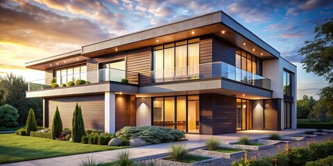 Fototapeta premium Modern House Exterior Facade, Elegant Home Architecture, Suburban Residence