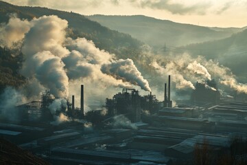 Industrial complex, smoke plumes, hills, pollution.