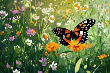 Butterfly amidst a vibrant wildflowers meadow