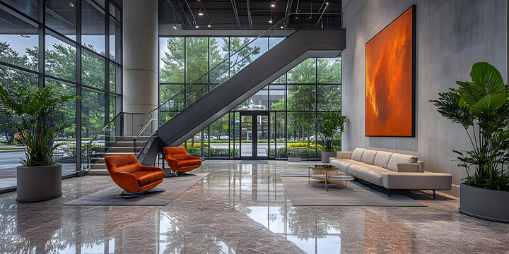 Modern lobby with orange chairs, large artwork, and glass walls.