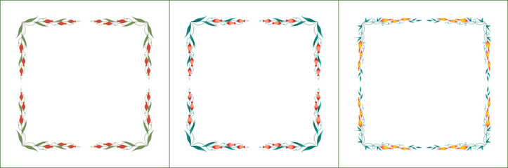 Set of three elegant green vegetal ornamental frame with orange and yellow flowers, decorative border. Isolated vector illustration	
