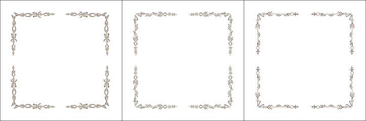 Frame set. Three brown frames with elegant black and white ornamental frame with Viking runes, decorative border, corners. Isolated vector illustration.	