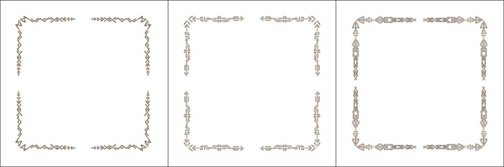 Frame set. Three brown frames with elegant black and white ornamental frame with Viking runes, decorative border, corners. Isolated vector illustration.	