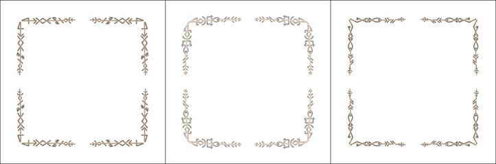 Frame set. Three brown frames with elegant black and white ornamental frame with Viking runes, decorative border, corners. Isolated vector illustration.	