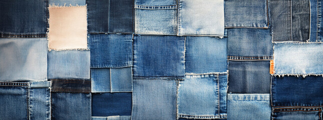 patchwork denim textures pattern background. a creative use for recycled material. Fashion design
