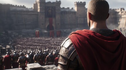 Gladiator stands triumphant overlooking a massive crowd in ancient city during a dramatic battle scene