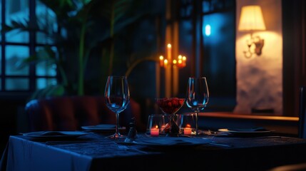 Empty elegant dinner table set with wine glass and romantic ambiance, dimly lit, waiting for someone to arrive.