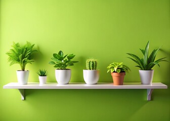 Fototapeta premium Modern Minimalist Home Decor: Five Potted Plants on White Shelf Against Lime Green Wall