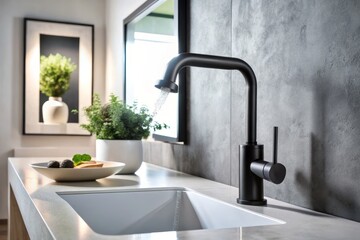 Modern Matte Black Faucet with Flowing Water in Minimalist White Kitchen Sink - Stock Photo