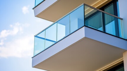 Fototapeta premium Modern Glass Balcony Against a Blue Sky: Architectural Design