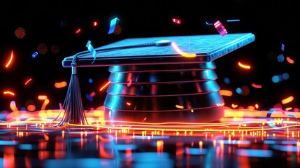 3D render style of a glowing graduation cap surrounded by vibrant confetti and neon lights