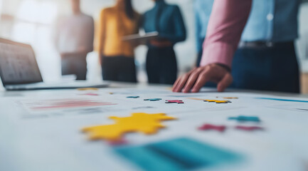 Fototapeta premium A group collaborates around a table, analyzing colorful charts and patterns, with a focus on teamwork and strategic planning.